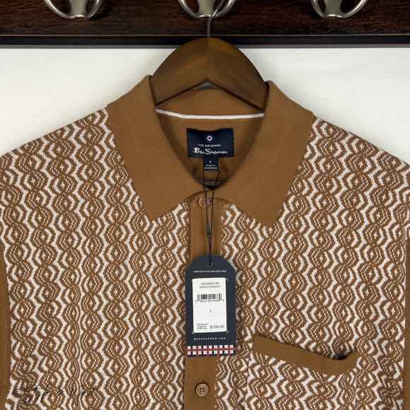Ben Sherman Knitted Cozy Relaxed Polo Toasted Coconut Men's Large NWT $109 - Picture 2 of 7